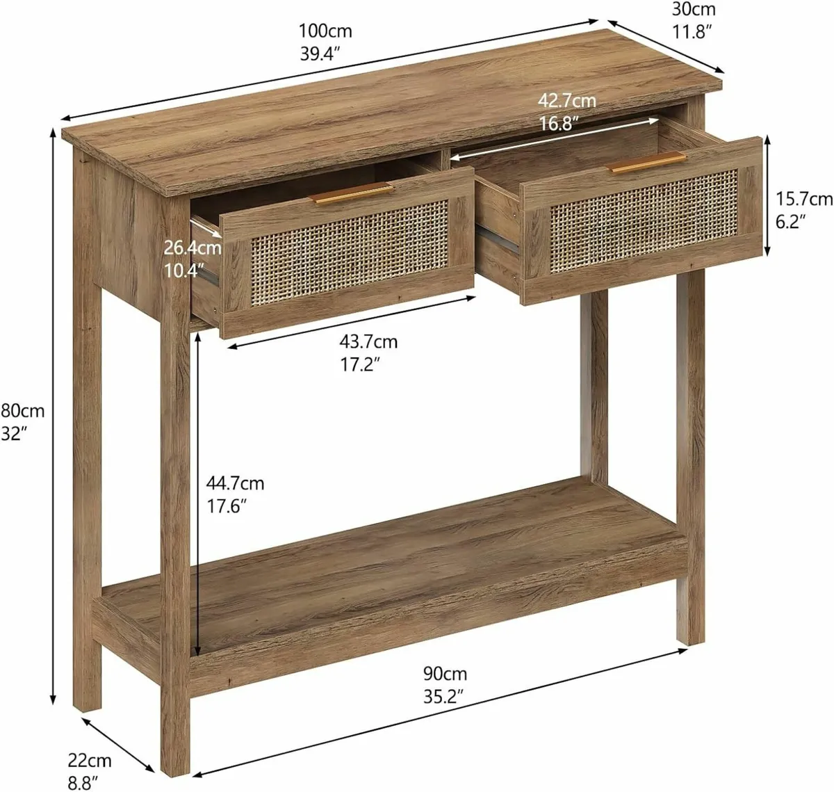Boho Rattan Console Table with 2 Drawers Tier - Image 3