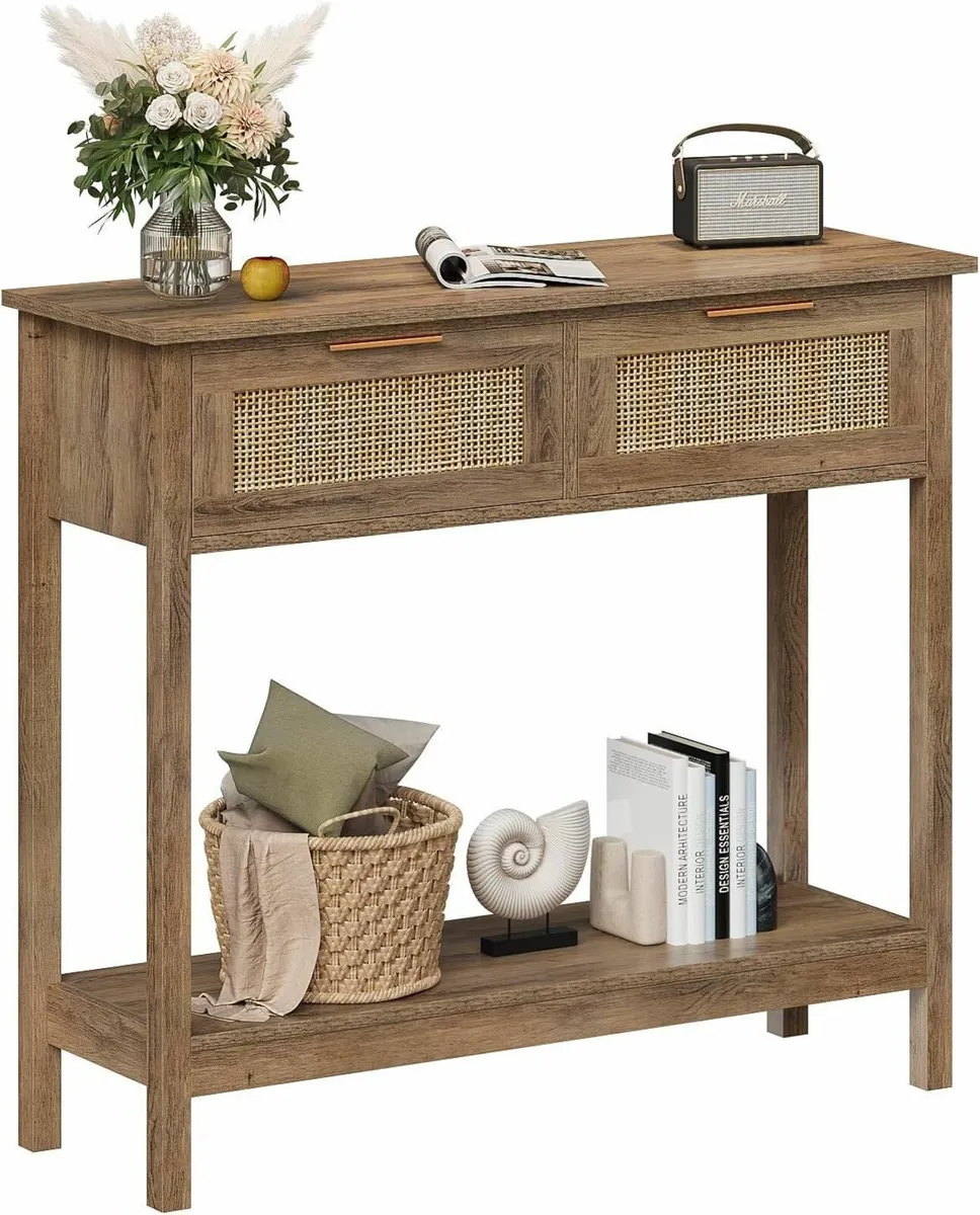 Boho Rattan Console Table with 2 Drawers Tier - Image 1
