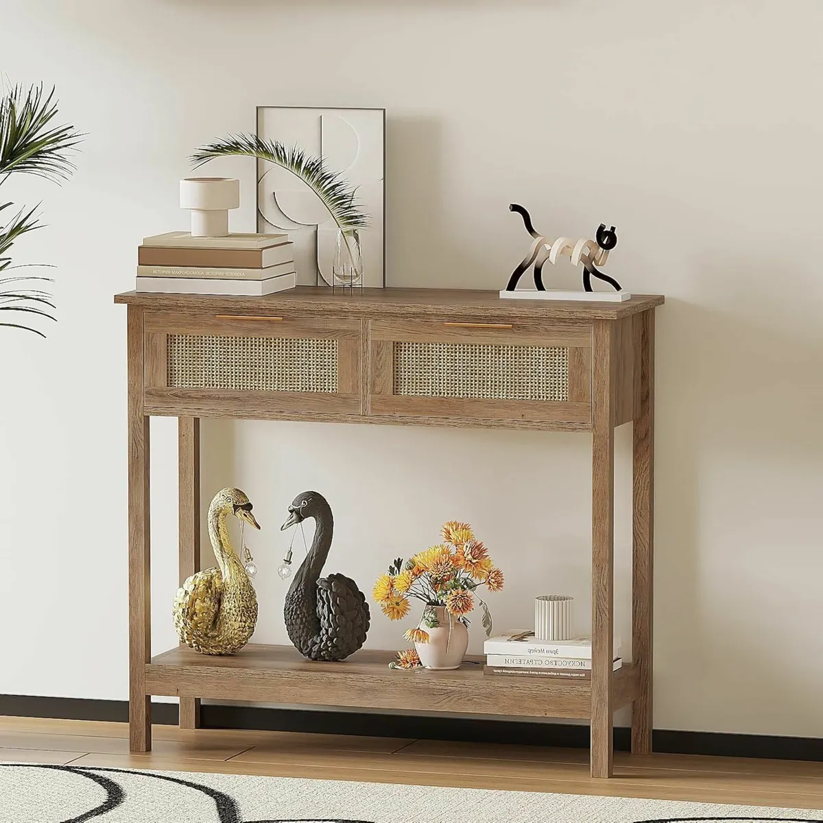 Boho Rattan Console Table with 2 Drawers Tier - Image 2
