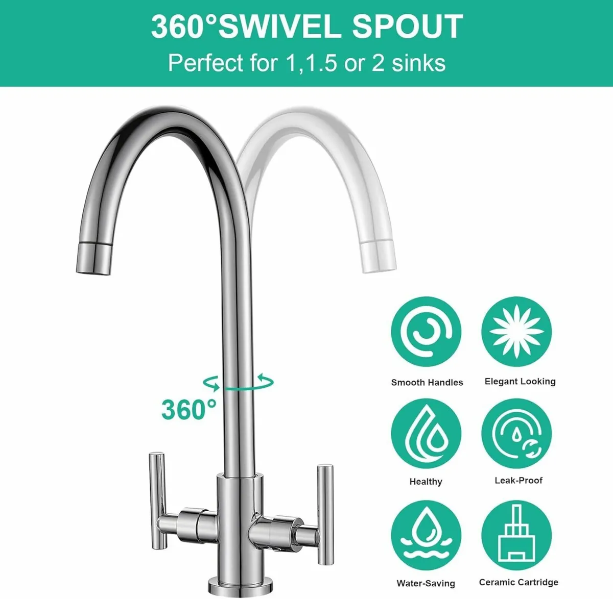Kitchen Tap Sink Mixer Taps Dual Lever Swivel - Image 3
