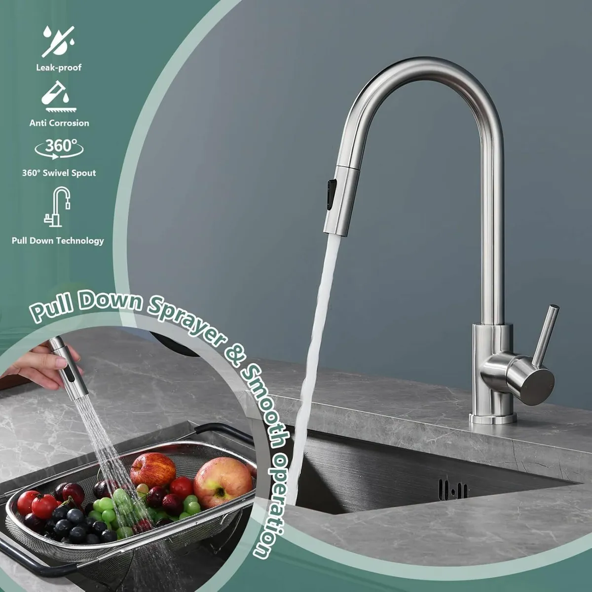 Kitchen Mixer Taps 1 Hole Tap with Pull Out Spray - Image 3