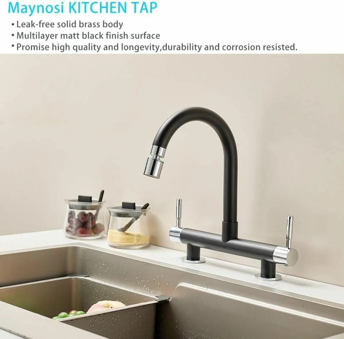 Bridge Kitchen Sink Mixer Taps 2 Hole Faucet with - Image 3