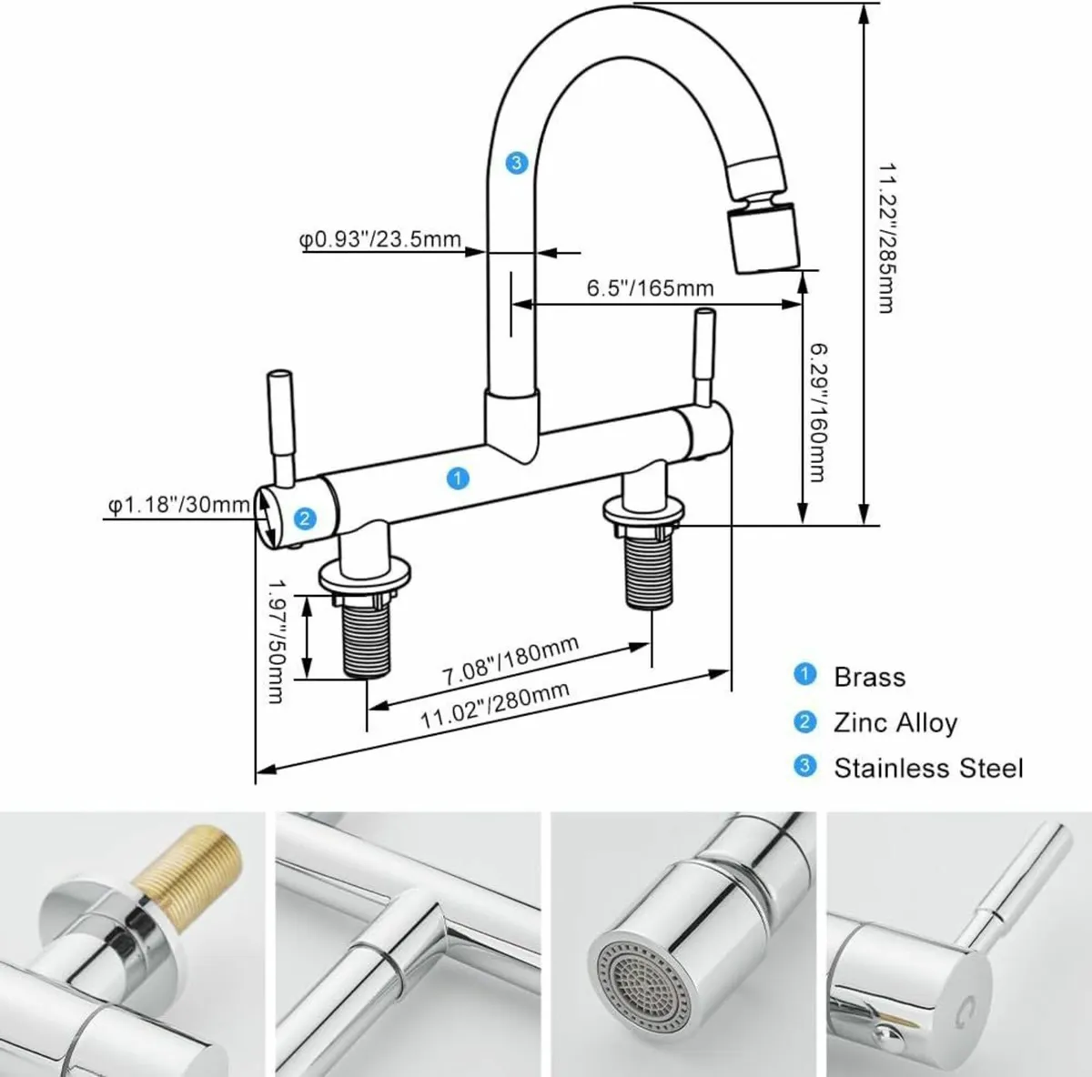 Bridge Kitchen Sink Mixer Taps 2 Hole Faucet with - Image 2