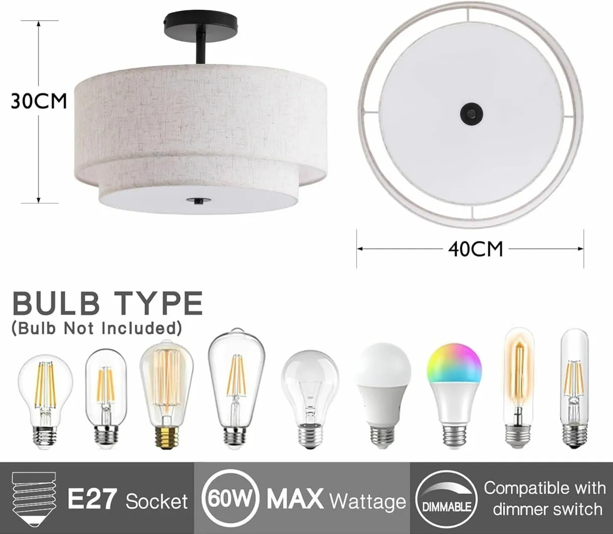 Dual Drum 3-Light Semi Flush Mount Ceiling Light - Image 2