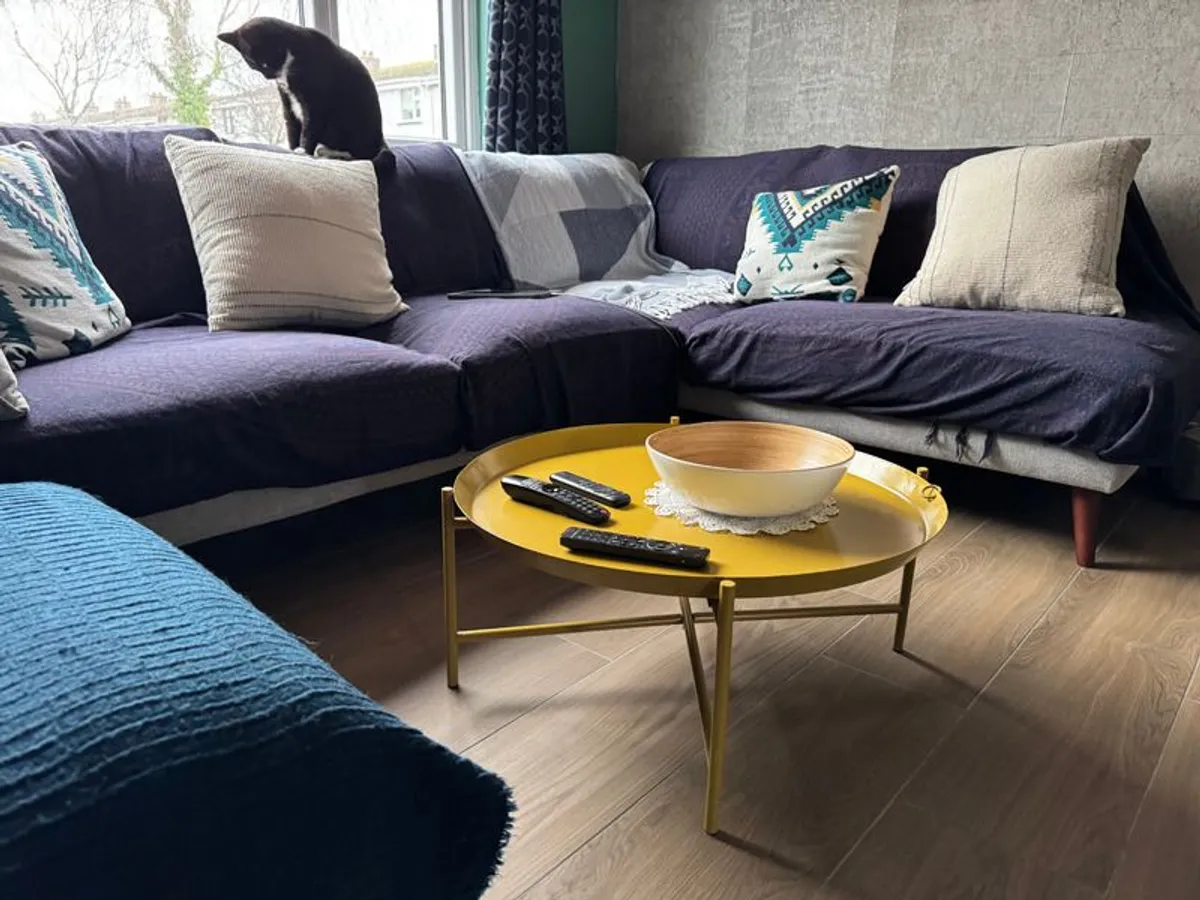 Discontinued IKEA coffee table in painted yellow metal. - Image 1