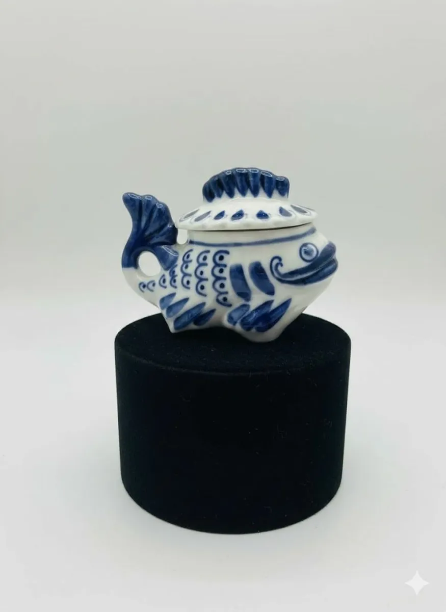Gzhel Handmade Fish Candy Dish or Trinket Box - Image 1