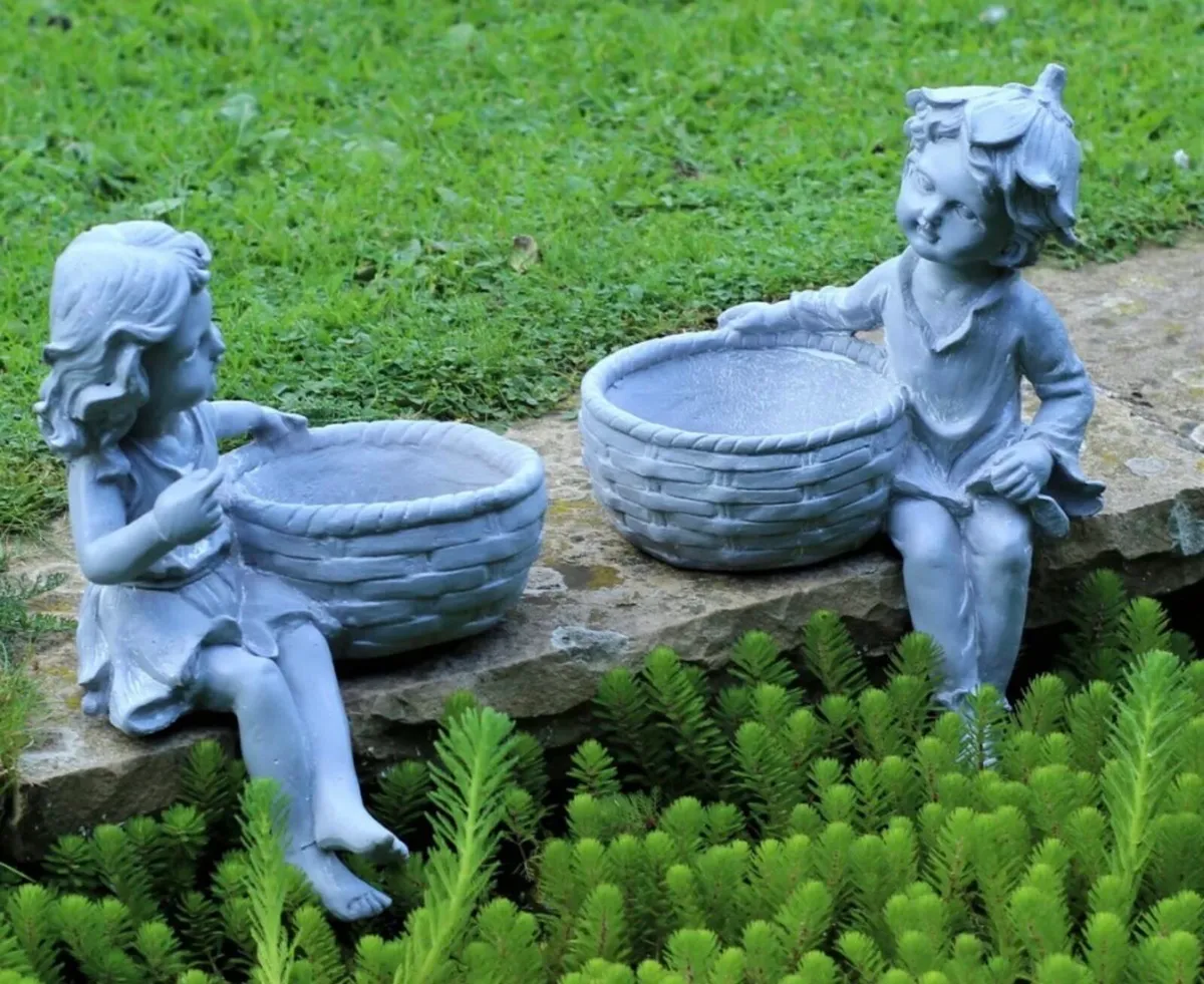 Garden Ornament Boy & Girl Planters / Bird Feeders - Image 1