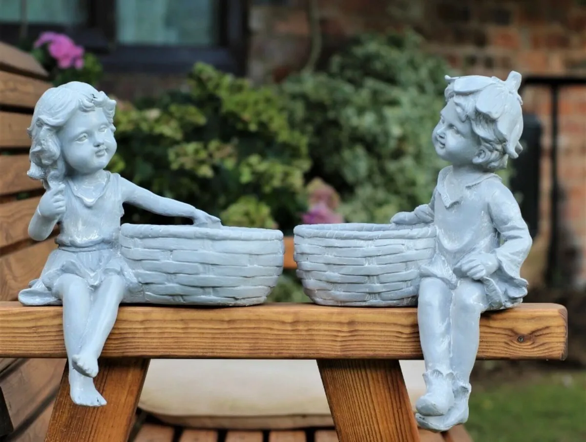Garden Ornament Boy & Girl Planters / Bird Feeders - Image 3