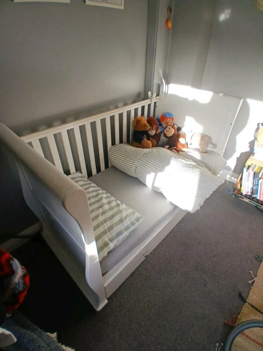 White sleigh style cot bed (6 months to 5 years) - Image 1