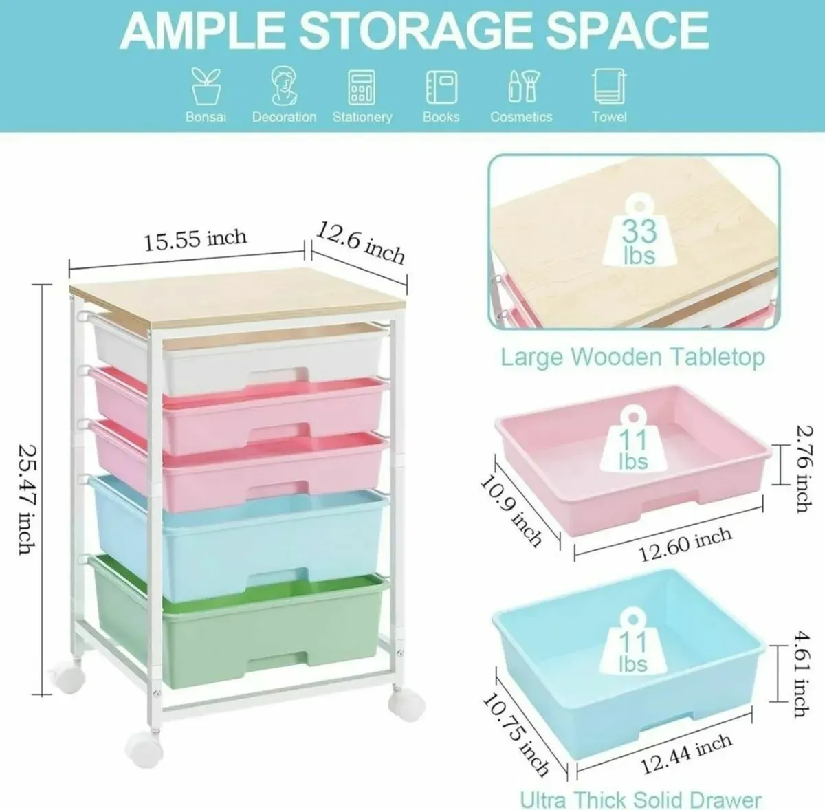 5 Drawer Tool Trolley with Wheels Wooden Top - Image 1