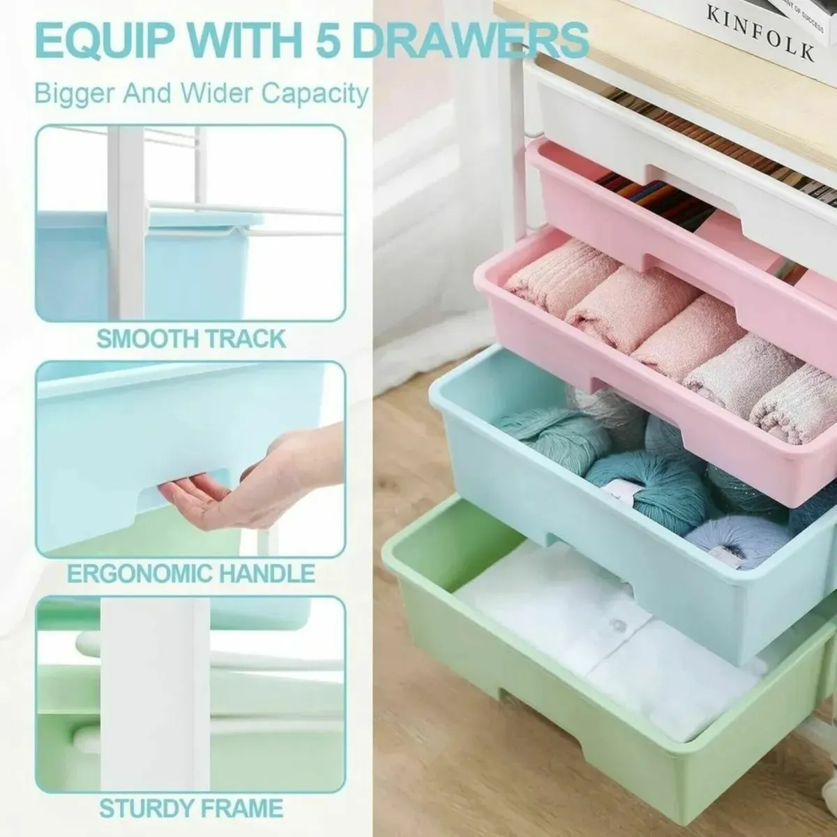 5 Drawer Tool Trolley with Wheels Wooden Top - Image 3