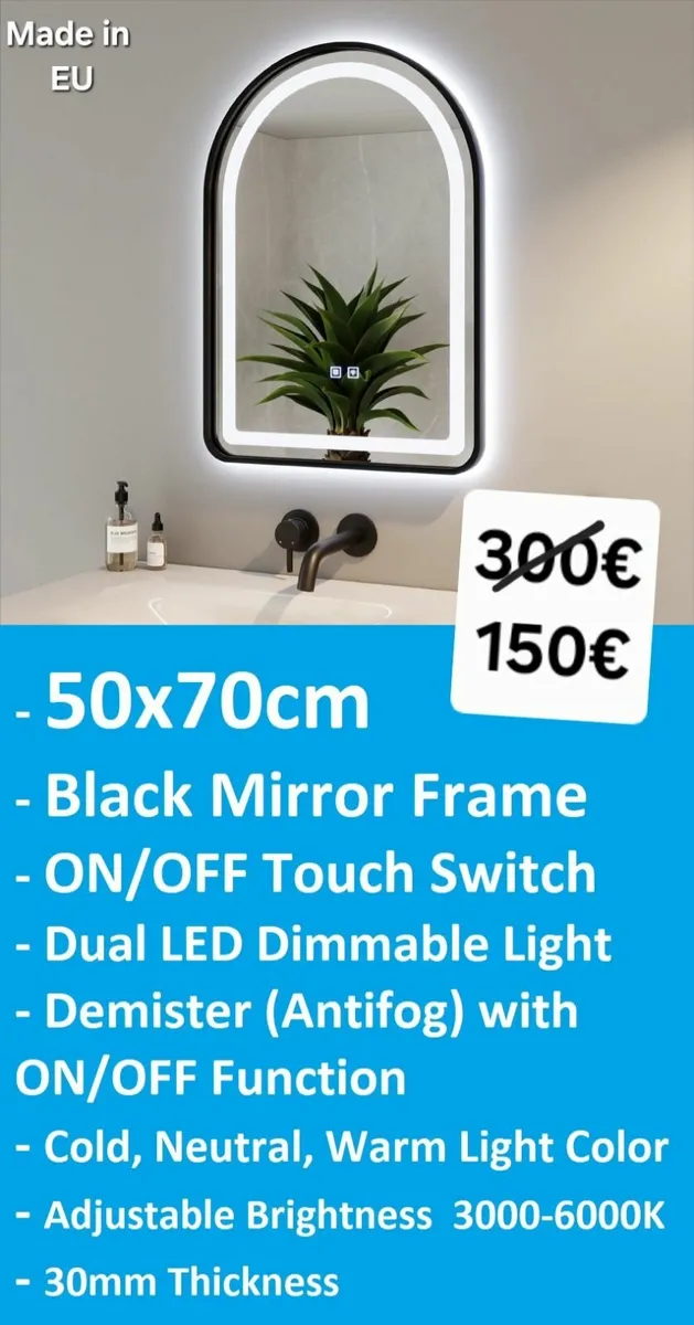 LED Bathroom Mirror Black Frame Antifog Demister - Image 1