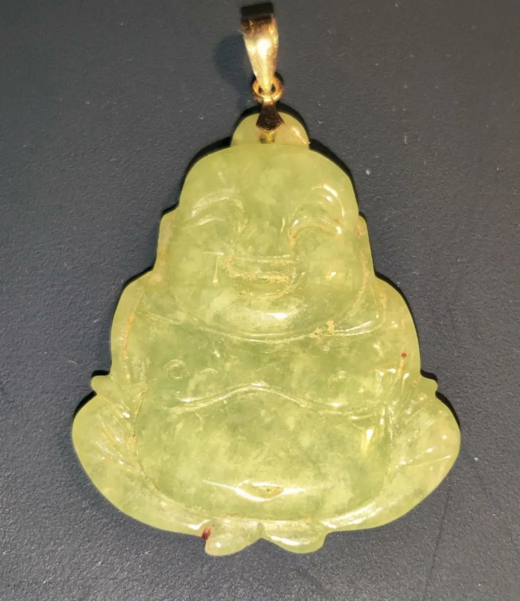 REAL GREEN JADE BUDDAH, 14CT Gold Hook Pendant ! - Image 1