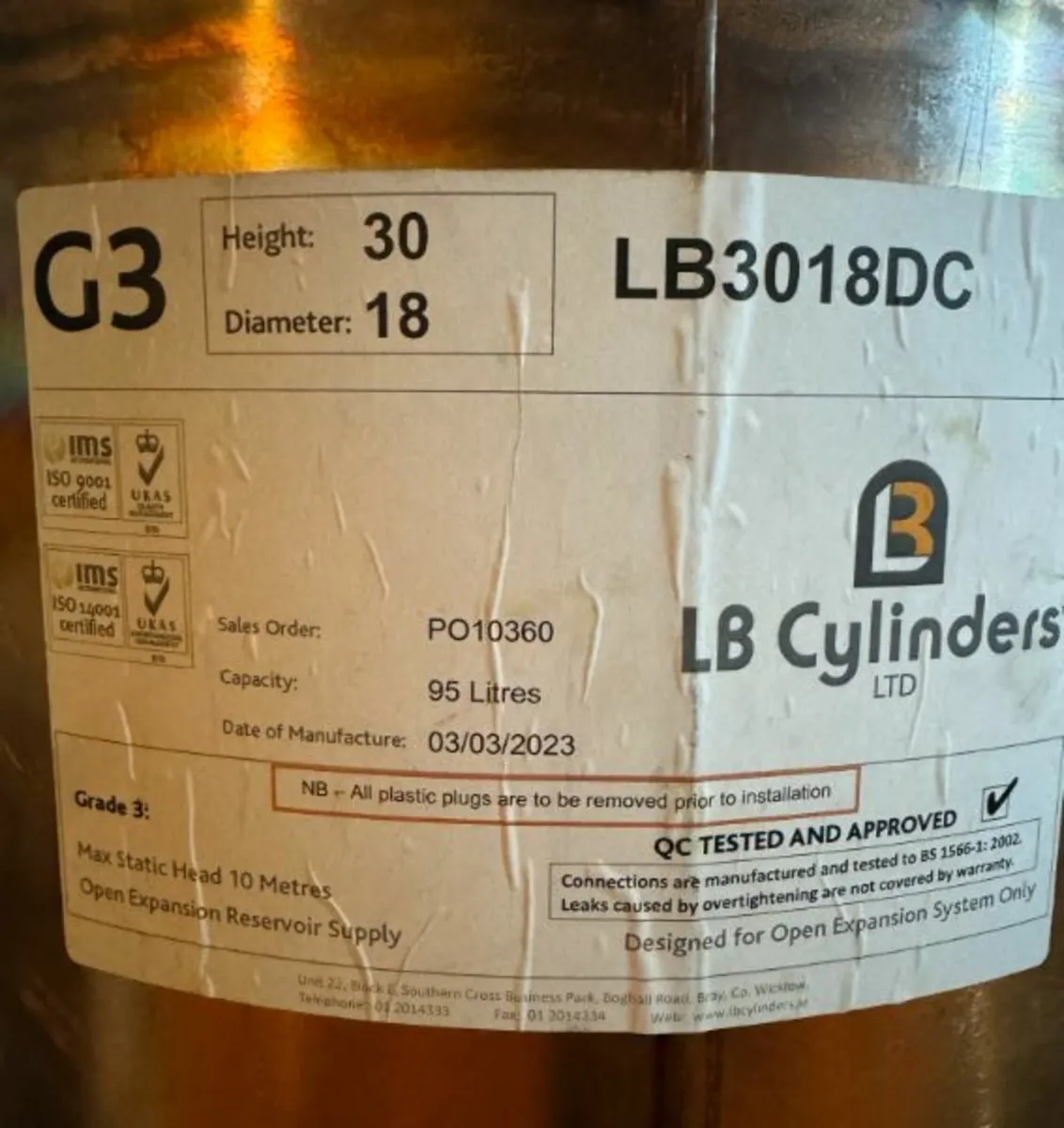 LB 95L Copper Hot Water Cylinder (30x18) - Image 2