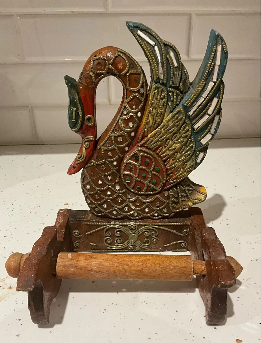 Vintage Carved Wooden Swan Toilet Paper Holder - Image 1
