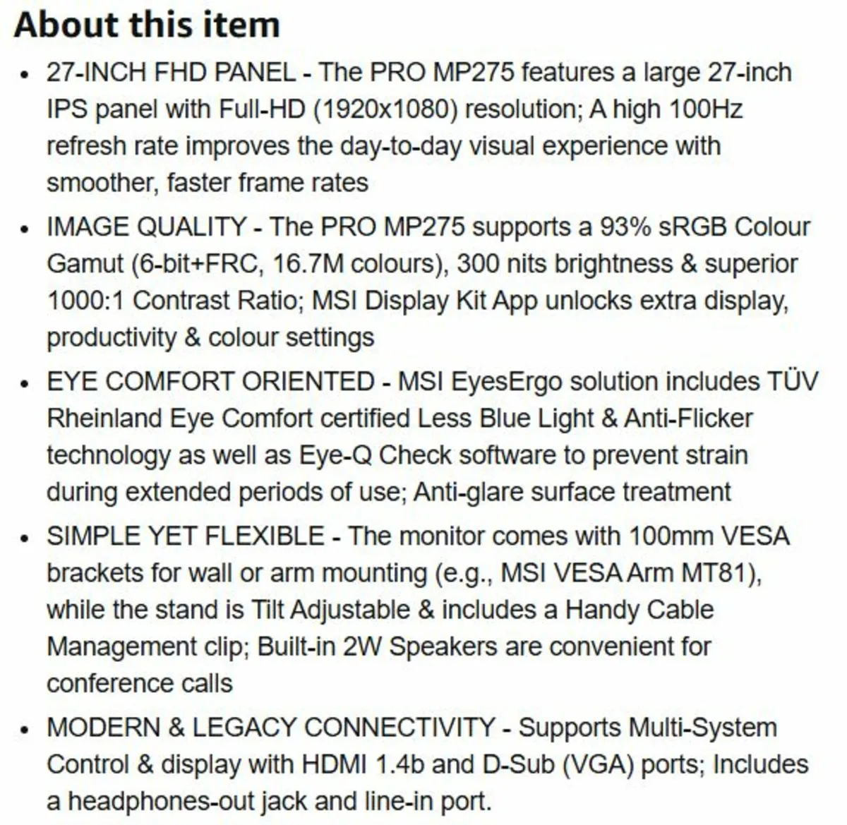 MSI PRO MP275 27 Inch Full HD Office Monitor - Image 2