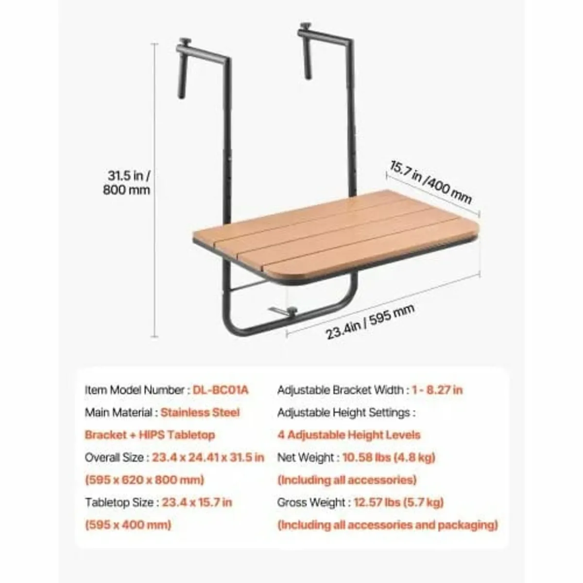 Balcony Hanging Table 25 x 24 in Patio Railing Bar - Image 3
