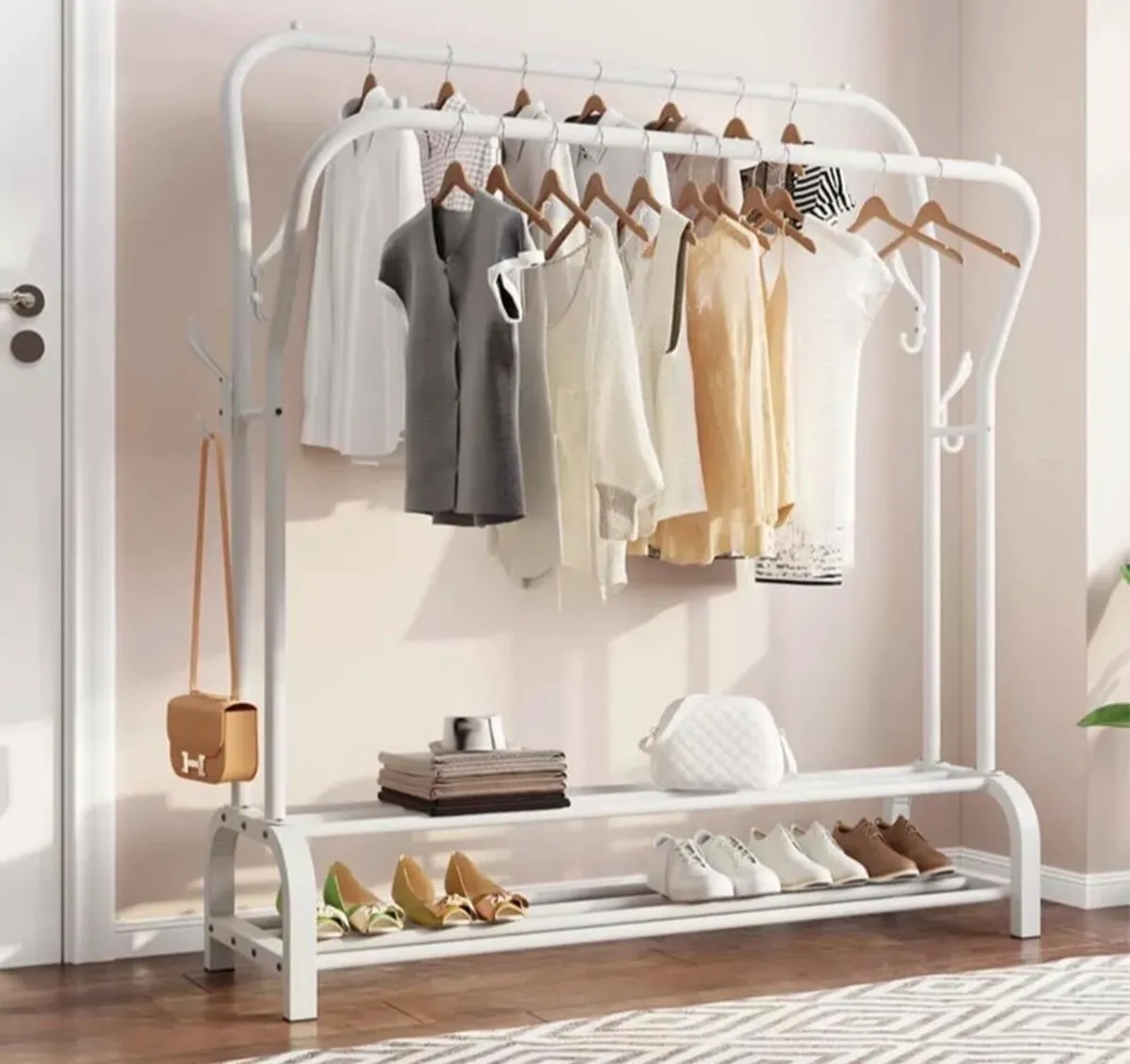 Metal Double Rail Clothes Garment Rack & Shelves - Image 2