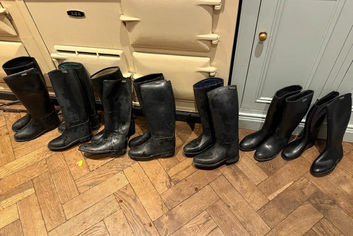 Rubber Horse Riding Boots & Box of Broken Tack - Image 1