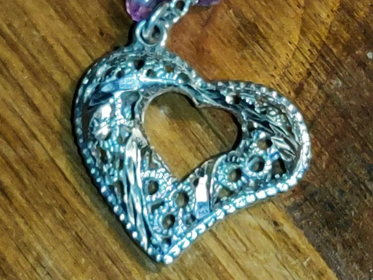 GLITTERY AMETHYST HEART, 925 Silver 8"New Bracelet - Image 3