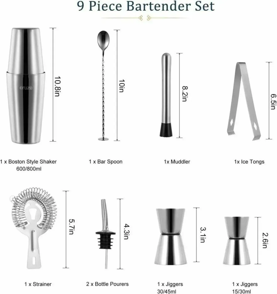Professional Cocktail Shaker Kit 9pcs Stand - Image 3