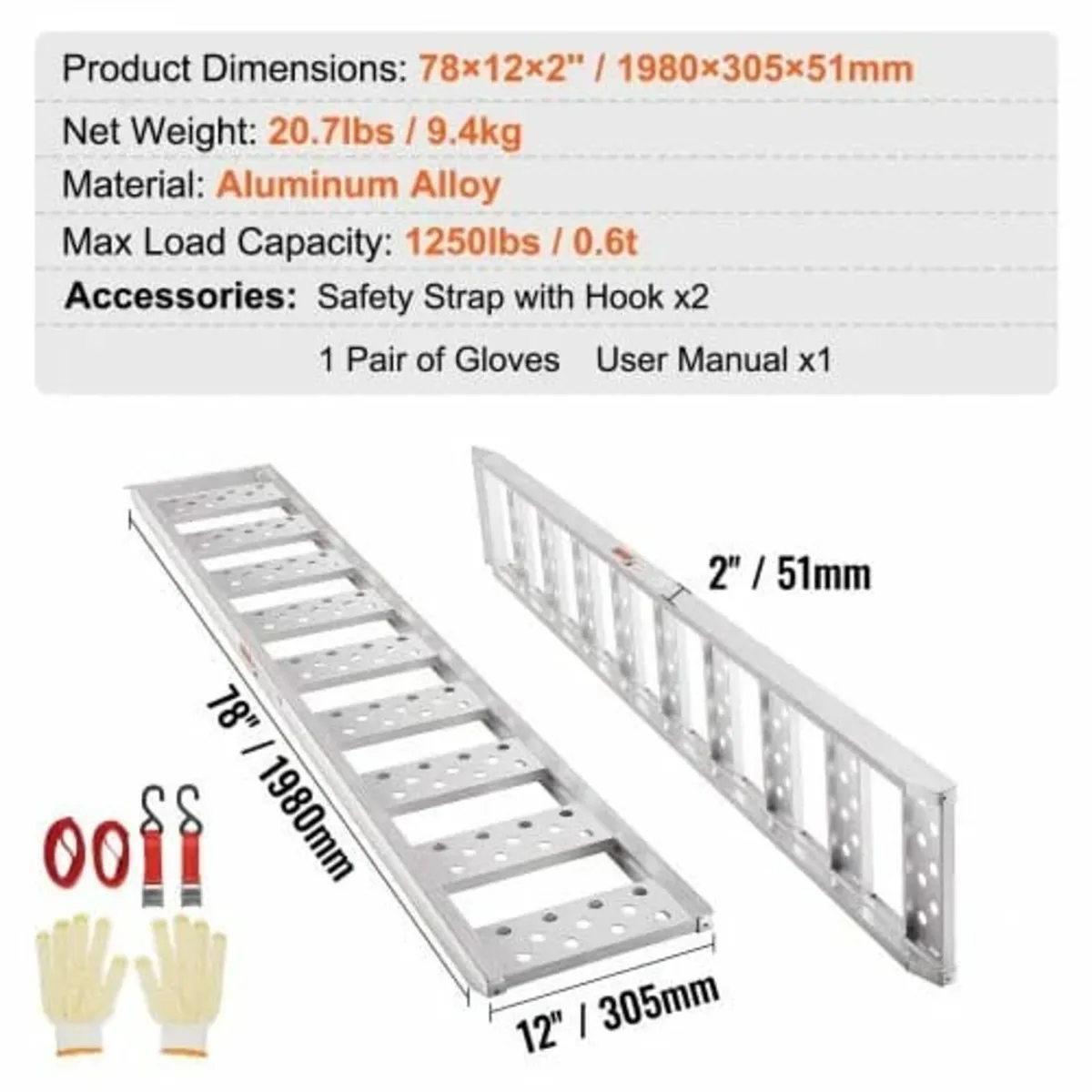 Aluminum Ramps, 1250lbs, Straight Ramp with Treads - Image 2
