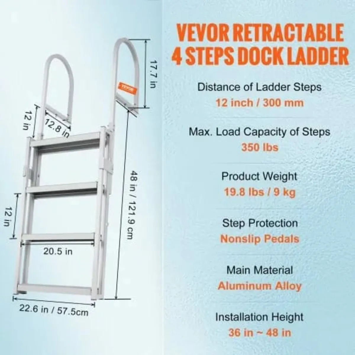 Dock Ladder, Retractable 4 Steps, 350 lbs Load Cap - Image 2