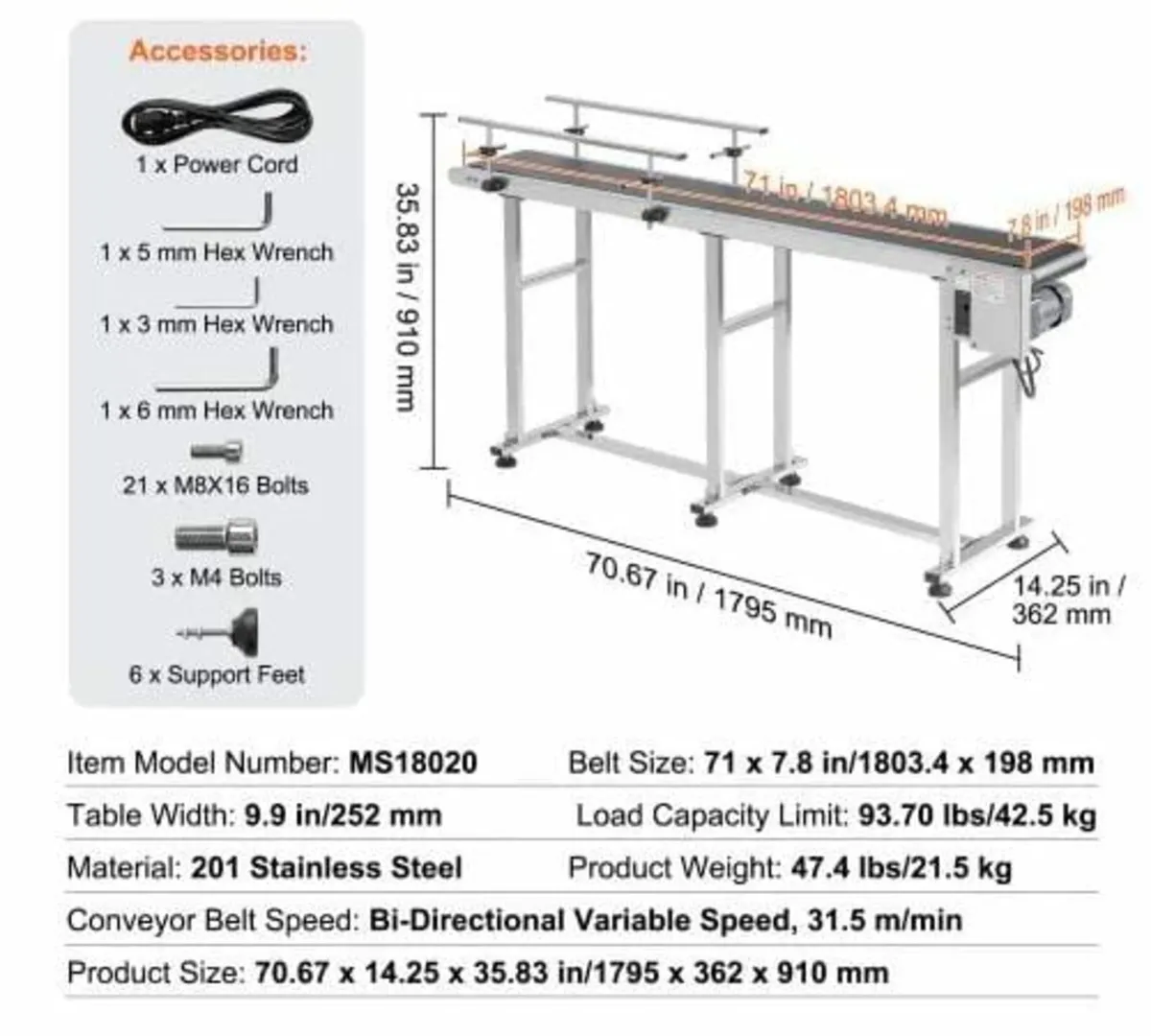 Belt Conveyor, 71 x 7.8 inch Conveyor Table, Heavy - Image 4