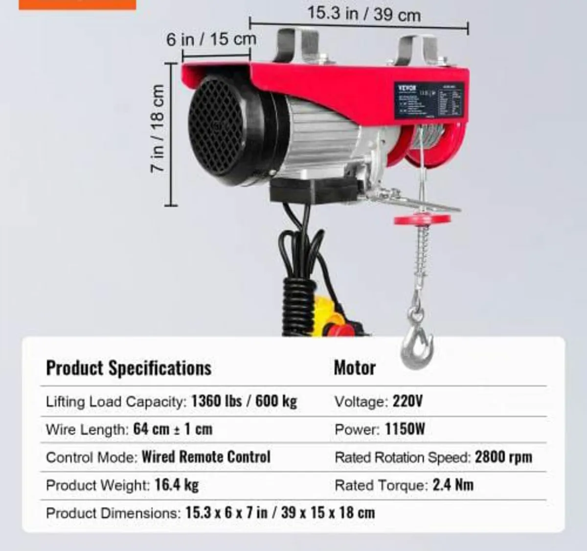 Electric Hoist, 598.7 kg Lifting Capacity, 1150W 2 - Image 2
