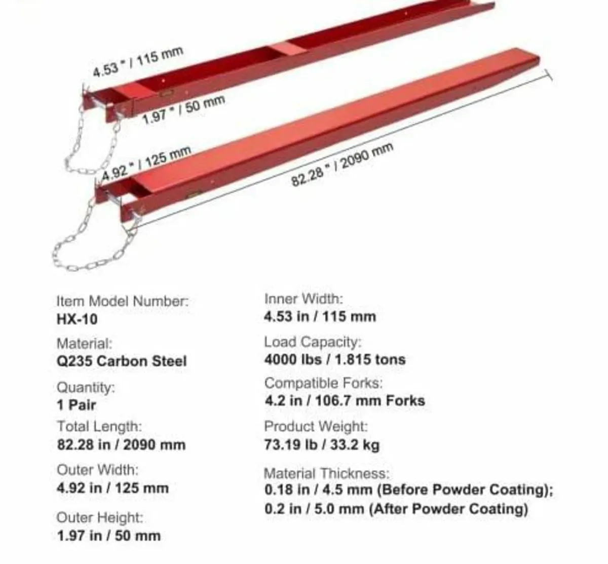 Fork Extensions, 82" Length 4.5" Width, Heavy Duty - Image 2
