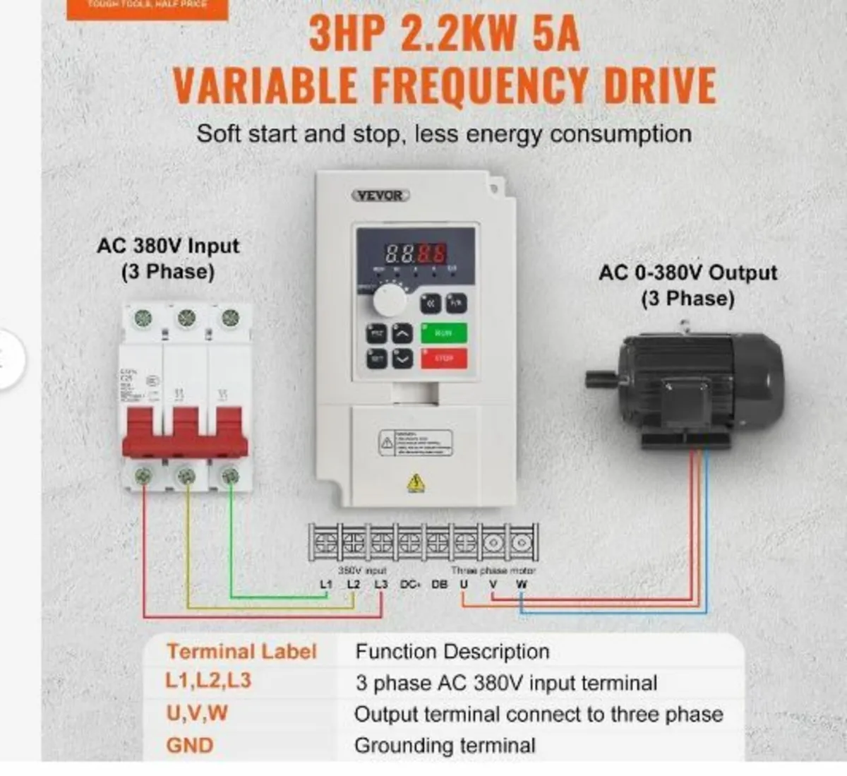 VFD 3HP, 2.2KW, 5A, 3 Phase AC 380V Input - Image 2