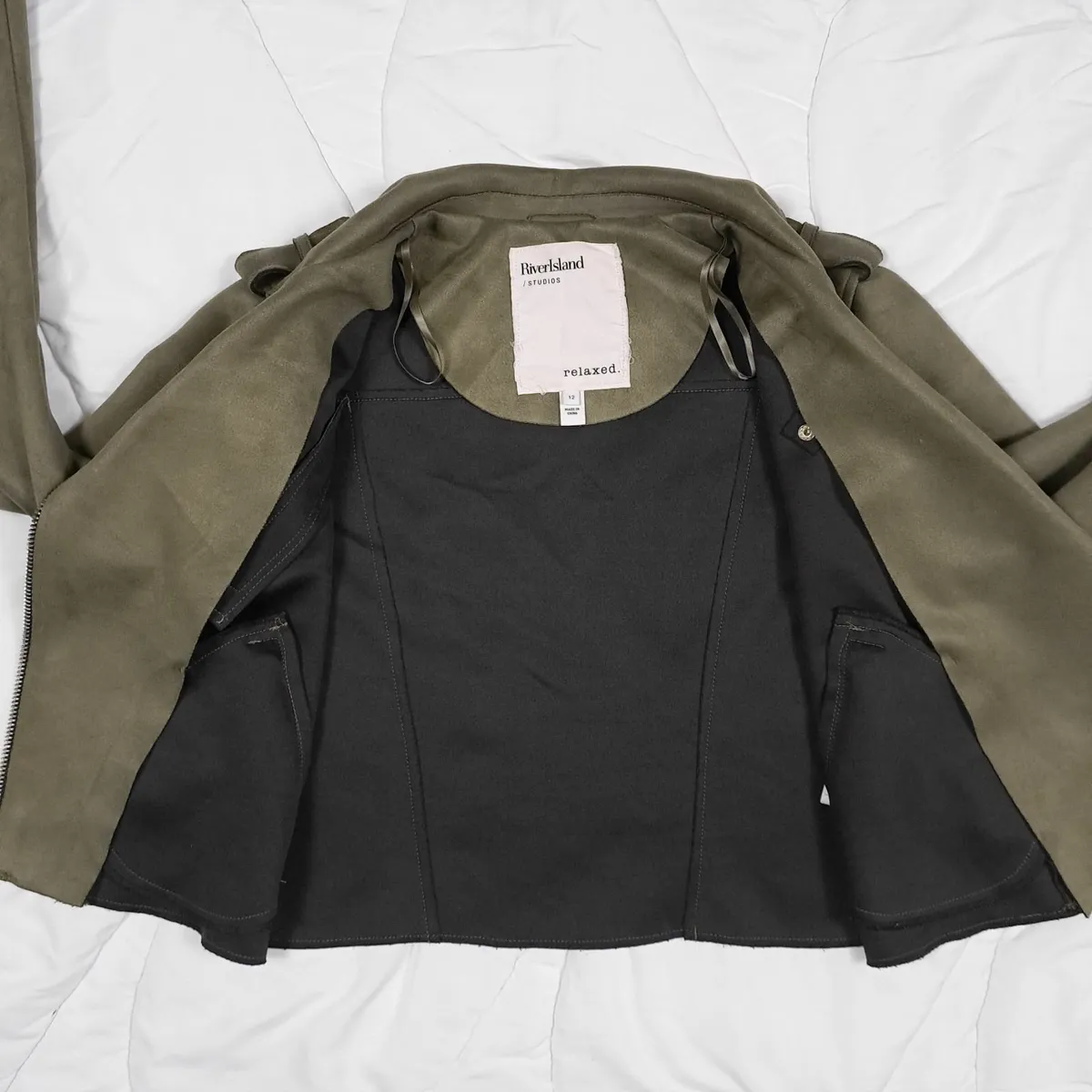 River Island Khaki Green Suede Biker Jacket 12UK - Image 2