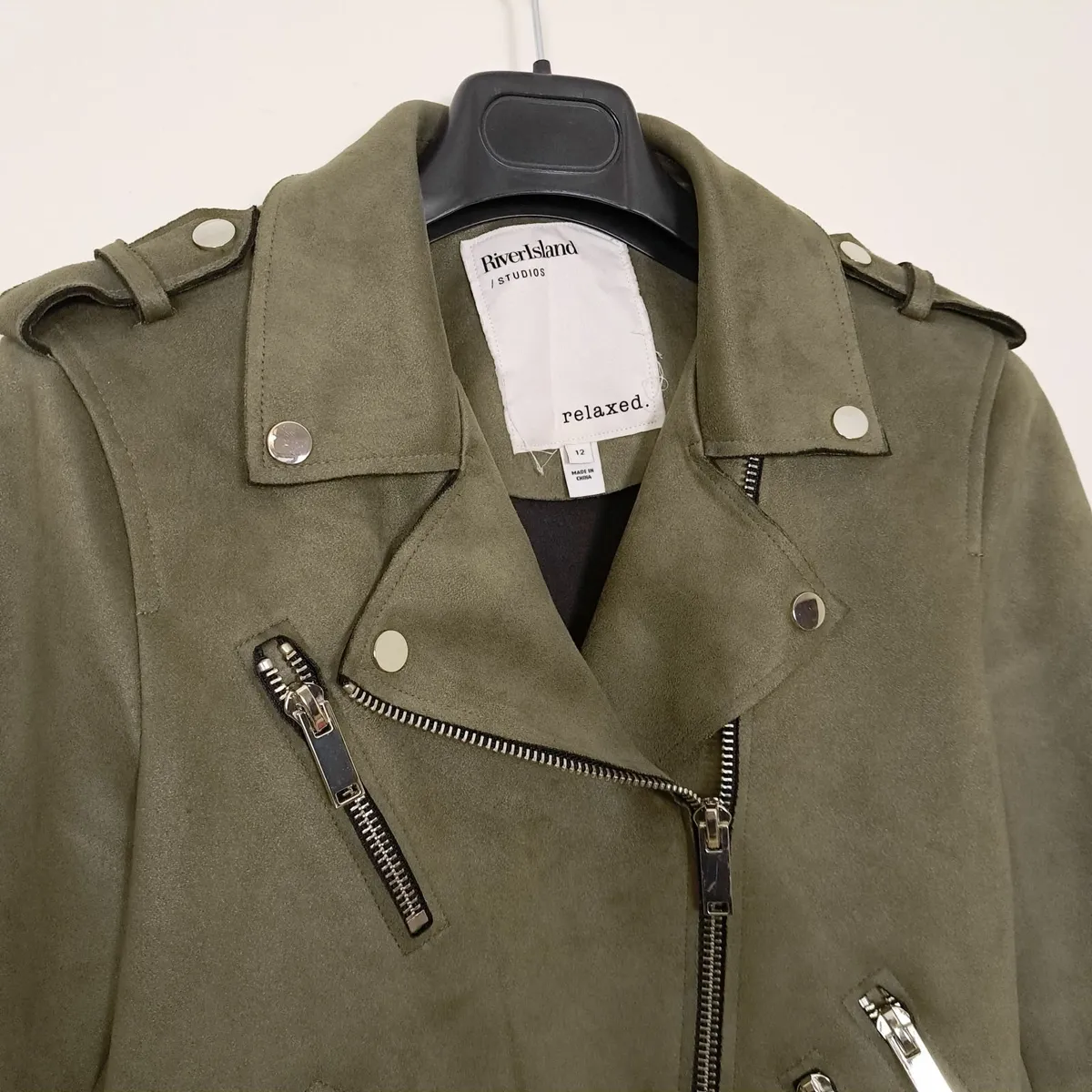 River Island Khaki Green Suede Biker Jacket 12UK - Image 4