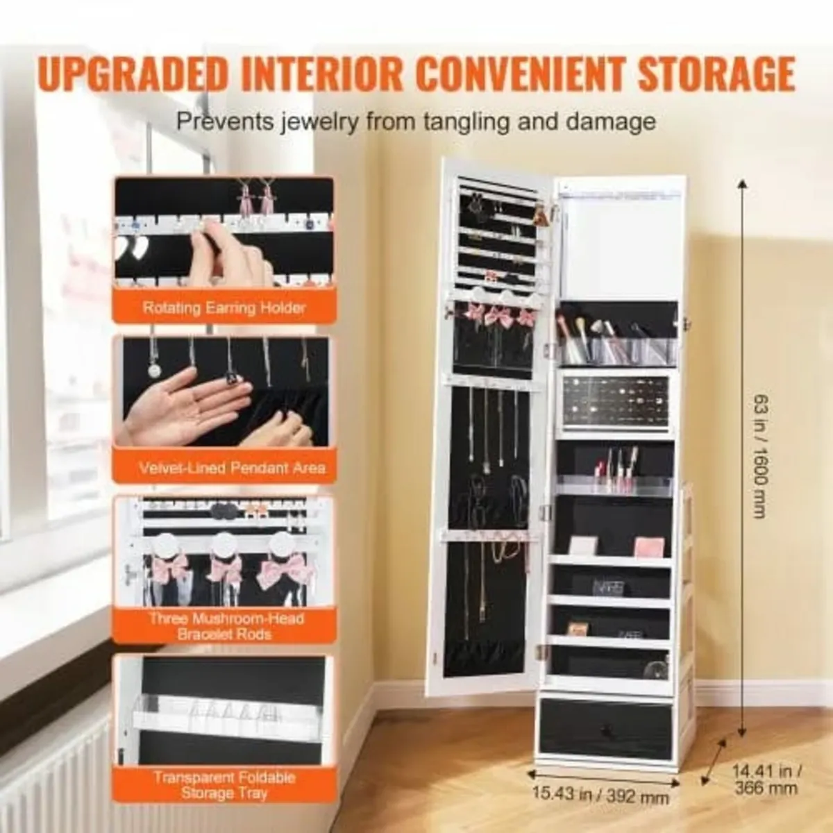 Mirror Jewelry Cabinet, 360° Swivel Standing Mirro - Image 4