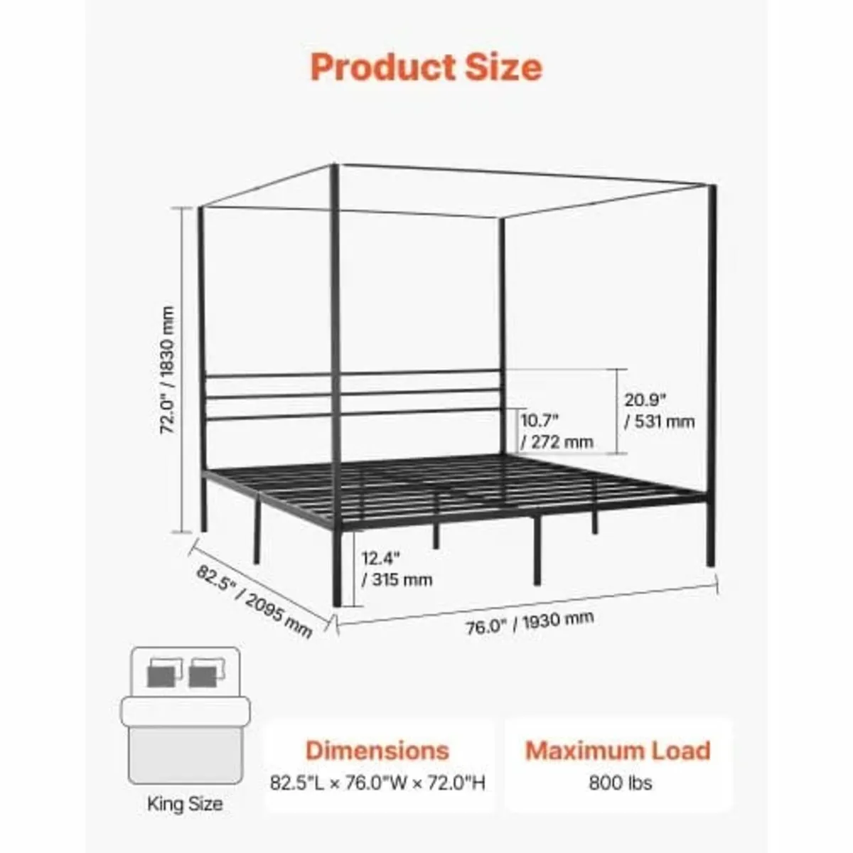 King Size Canopy Bed Frame, Metal Canopy Bed with - Image 4