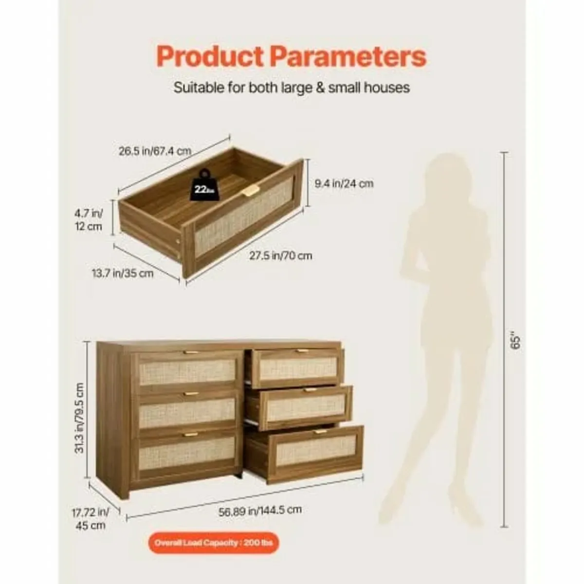 6 Drawer Rattan Dresser, Double Dresser for Bedroo - Image 3