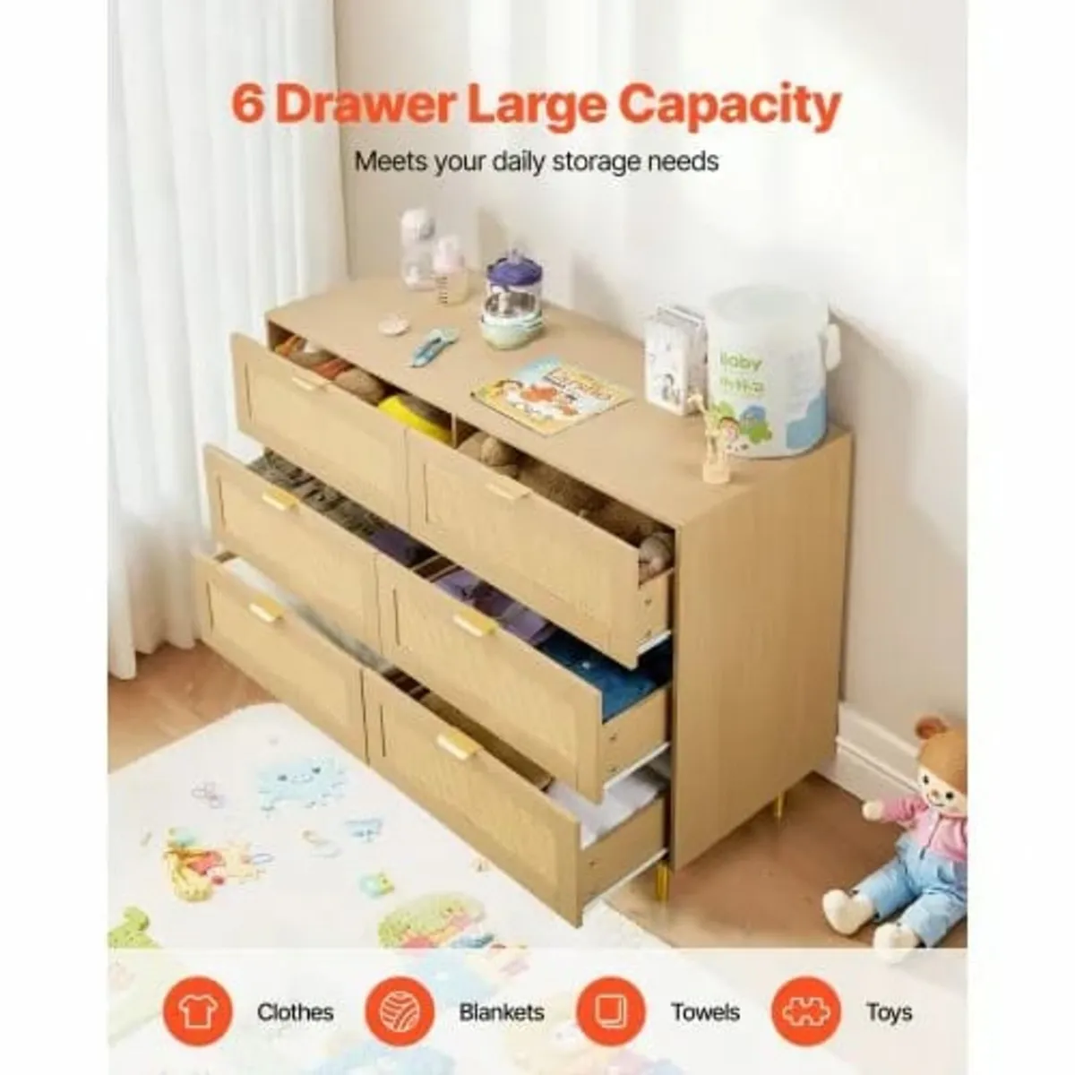 6 Drawer Rattan Dresser, Double Dresser for Bedroo - Image 3