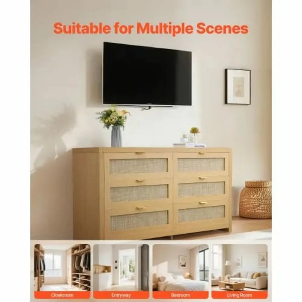 6 Drawer Rattan Dresser, Double Dresser for Bedroo - Image 3