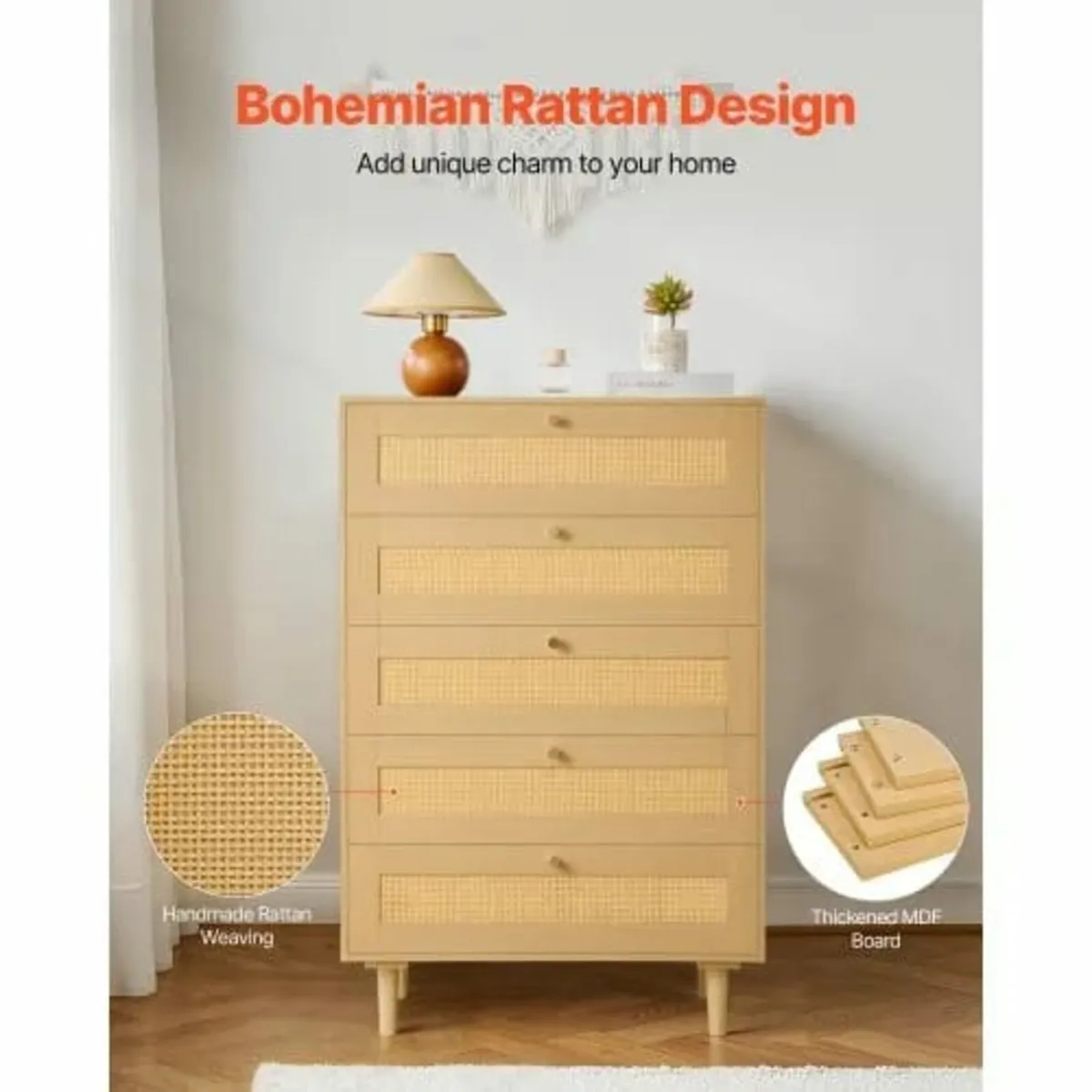 5 Drawer Rattan Dresser, Modern Closet Dresser for - Image 3