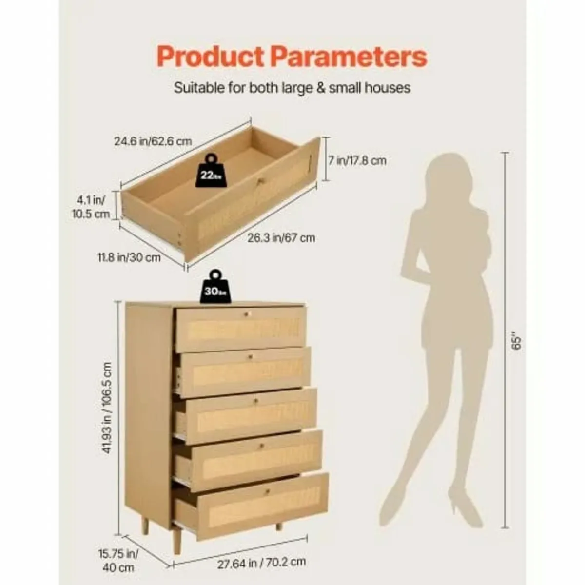 5 Drawer Rattan Dresser, Modern Closet Dresser for - Image 4