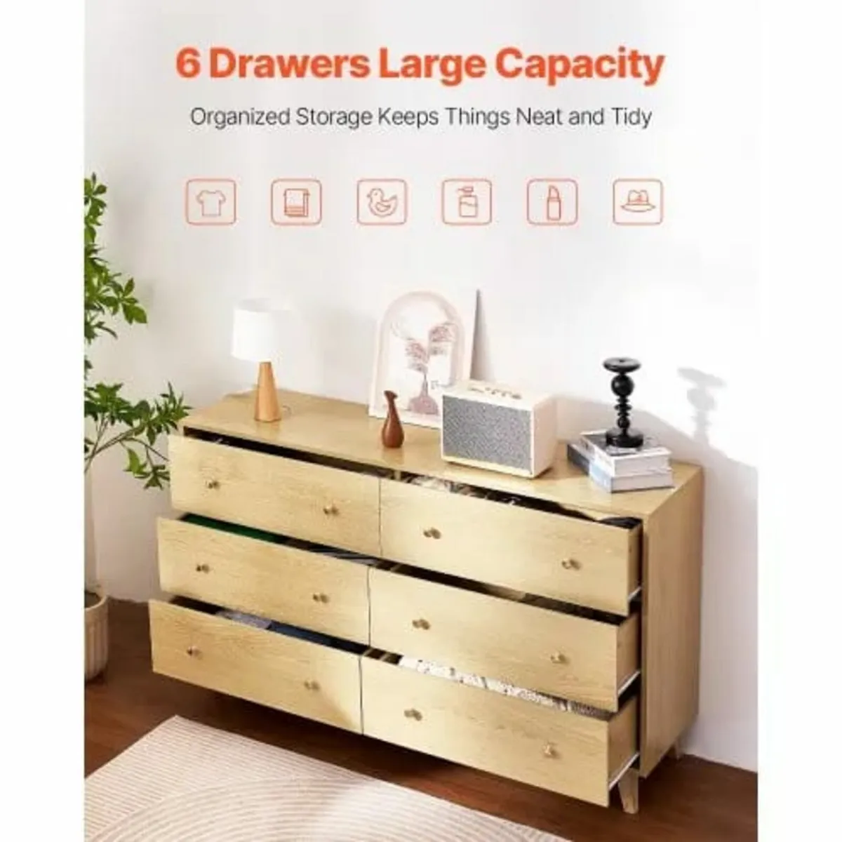 6 Drawer Dresser, Wooden Chest of Drawers with Sli - Image 3