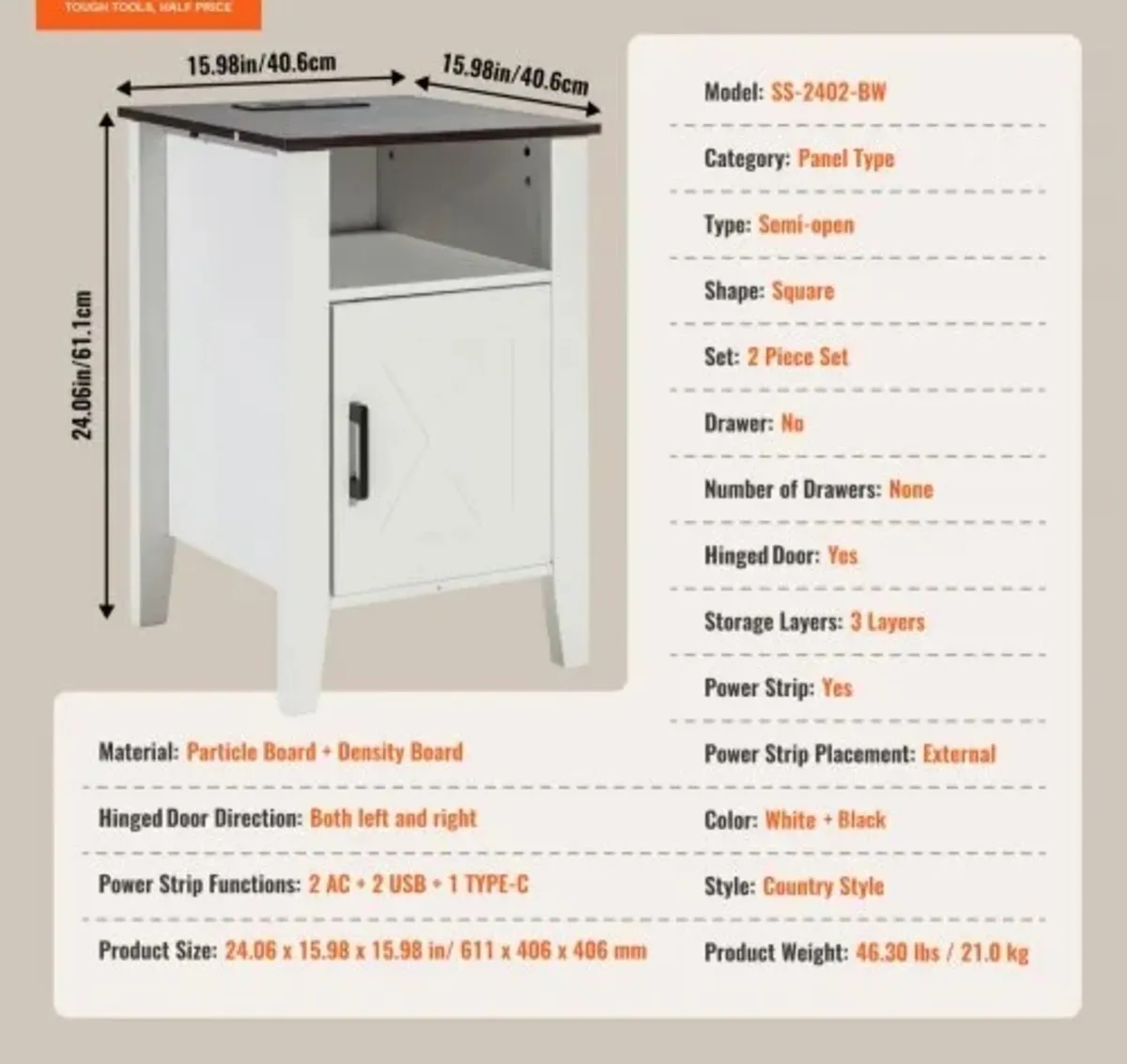 Farmhouse End Table, Set of 2, Square Night Stand - Image 3