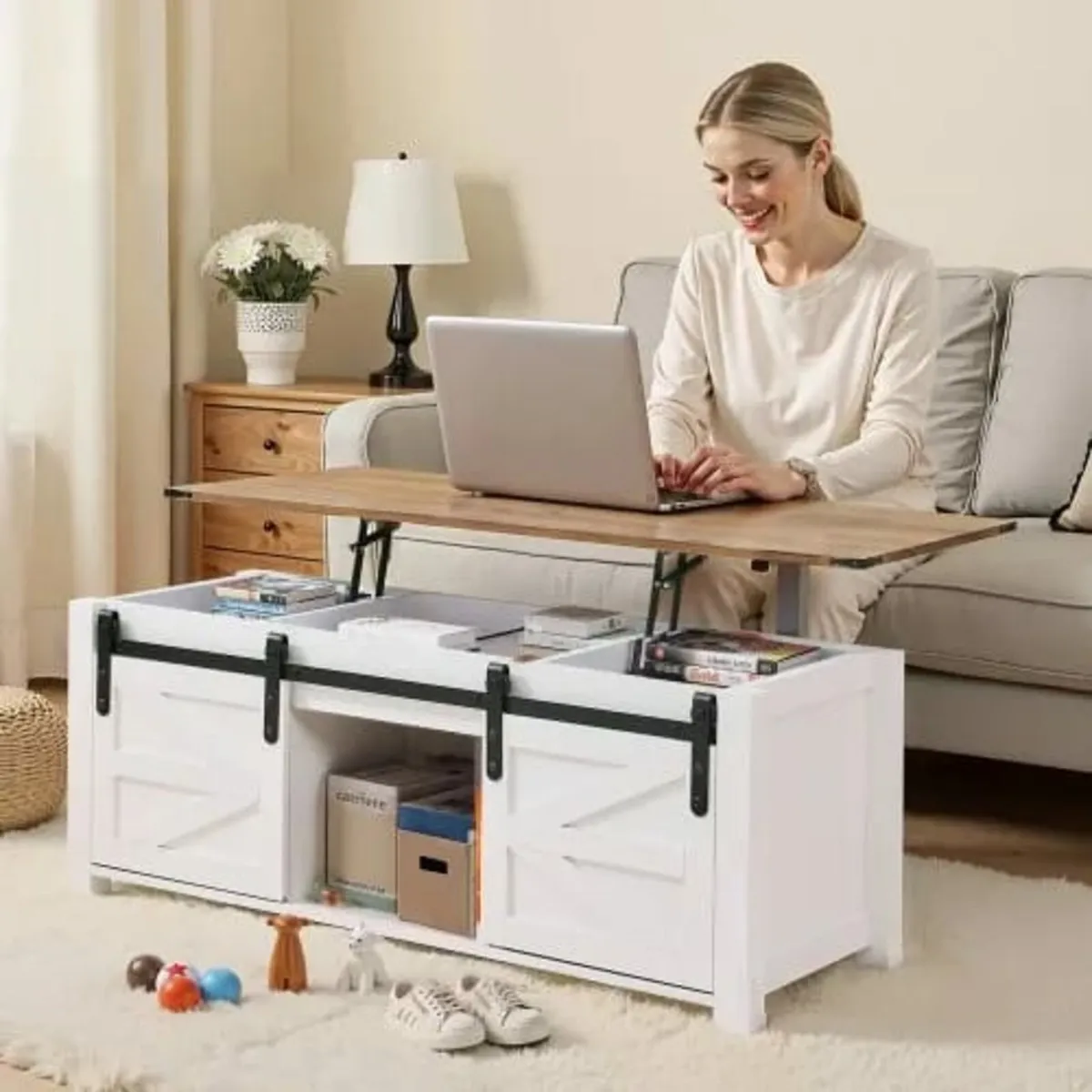 1200 mm Farmhouse Lift Top Coffee Table, Rustic Ce - Image 3