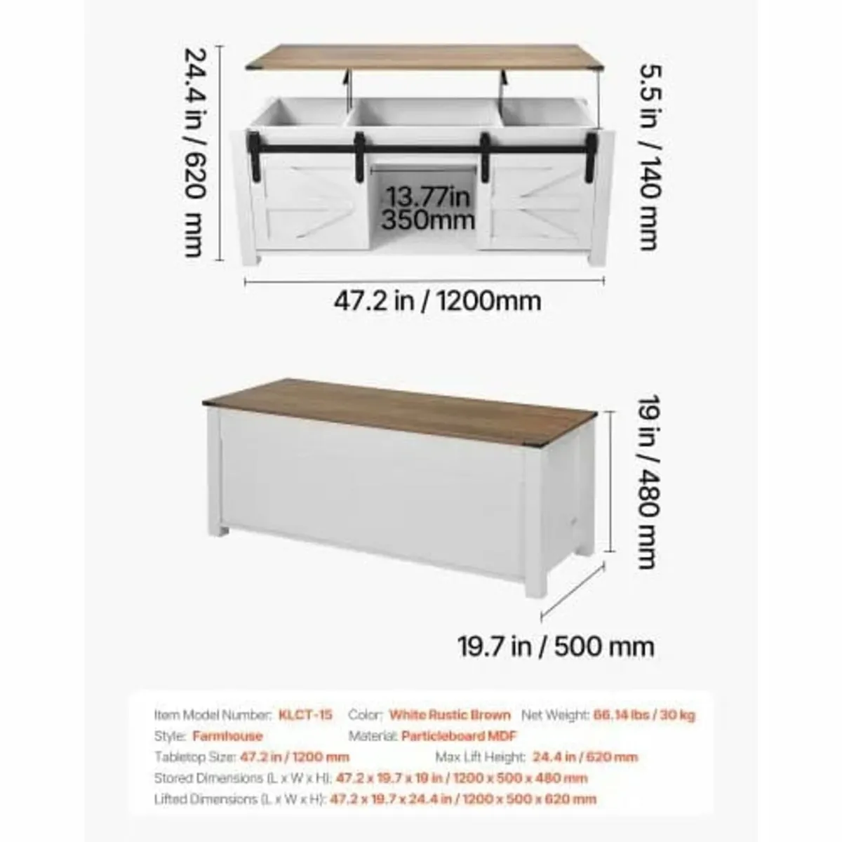 1200 mm Farmhouse Lift Top Coffee Table, Rustic Ce - Image 4
