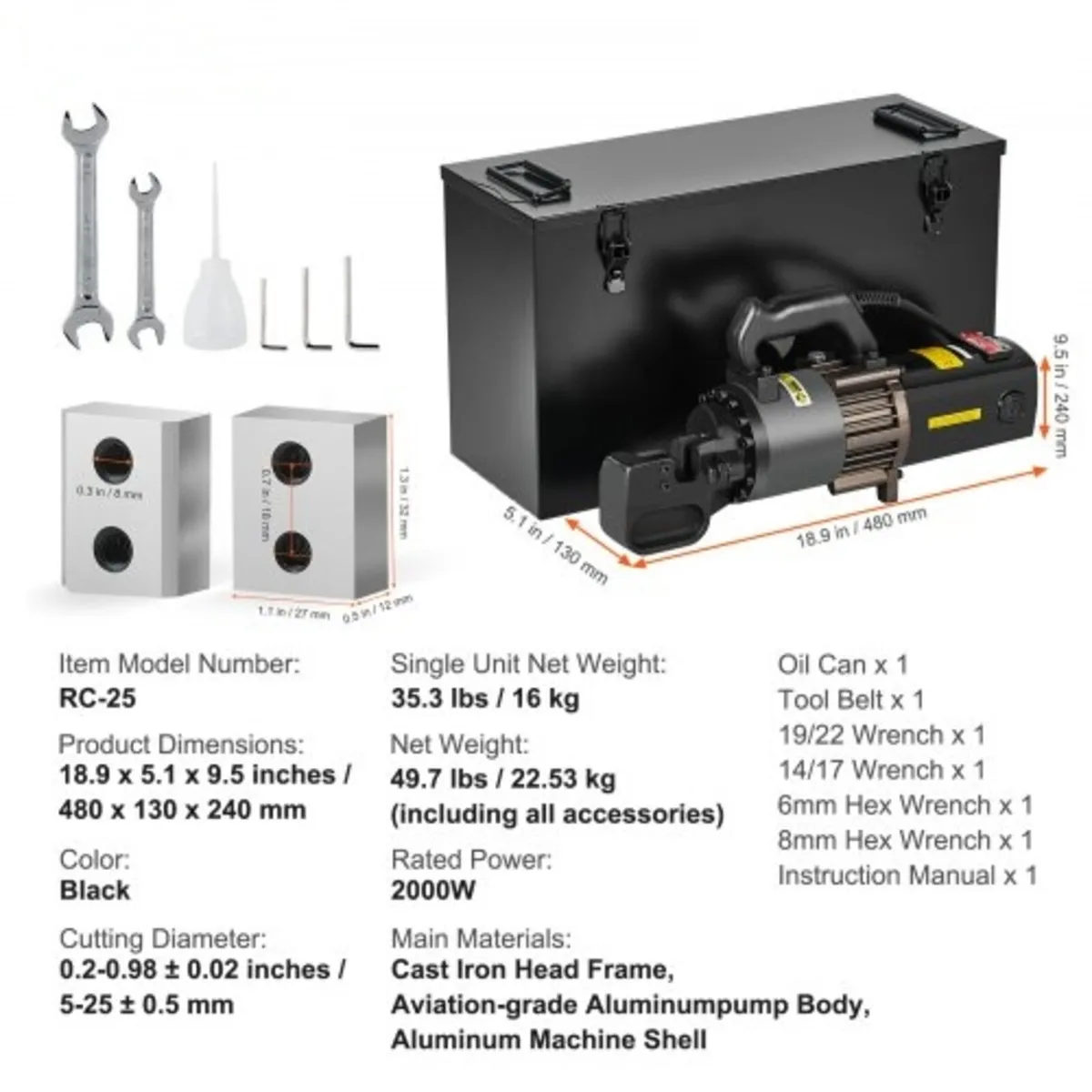 Electric Hydraulic Rebar Cutter, 2000W Portable Re - Image 3