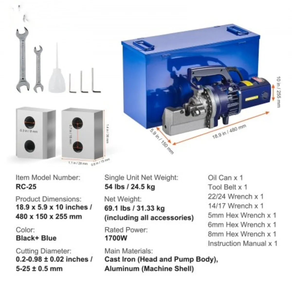 Electric Hydraulic Rebar Cutter, 1700W Portable Re - Image 3
