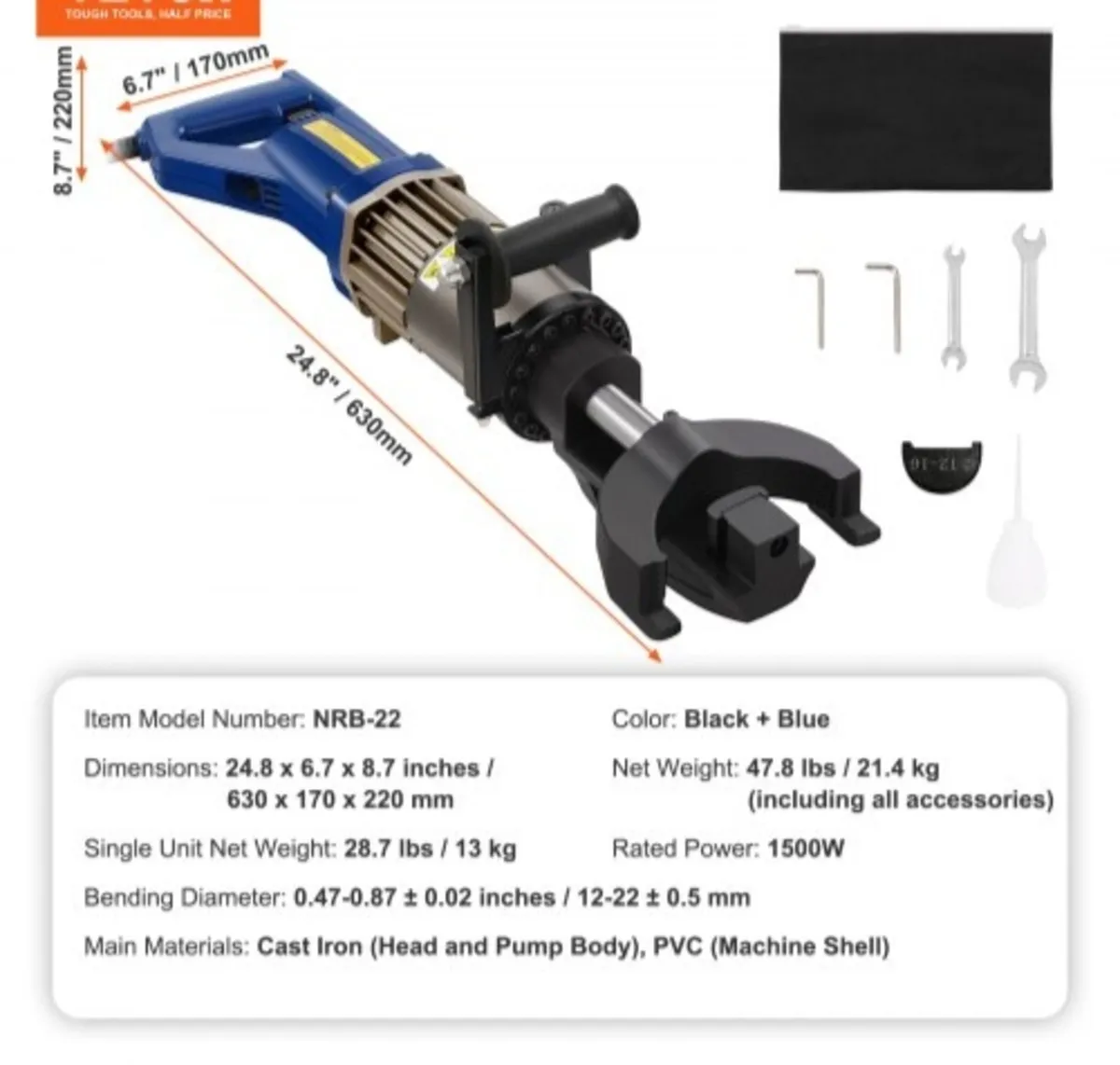 Electric Hydraulic Rebar Bender, 1500W Portable Re - Image 3