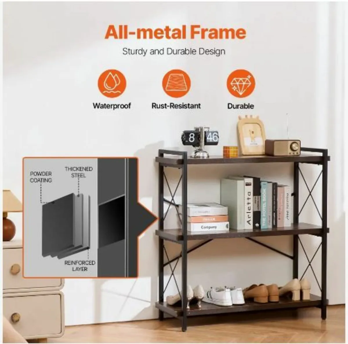 Metal Bookshelf, 3-Tier Industrial Bookshelf - Image 4