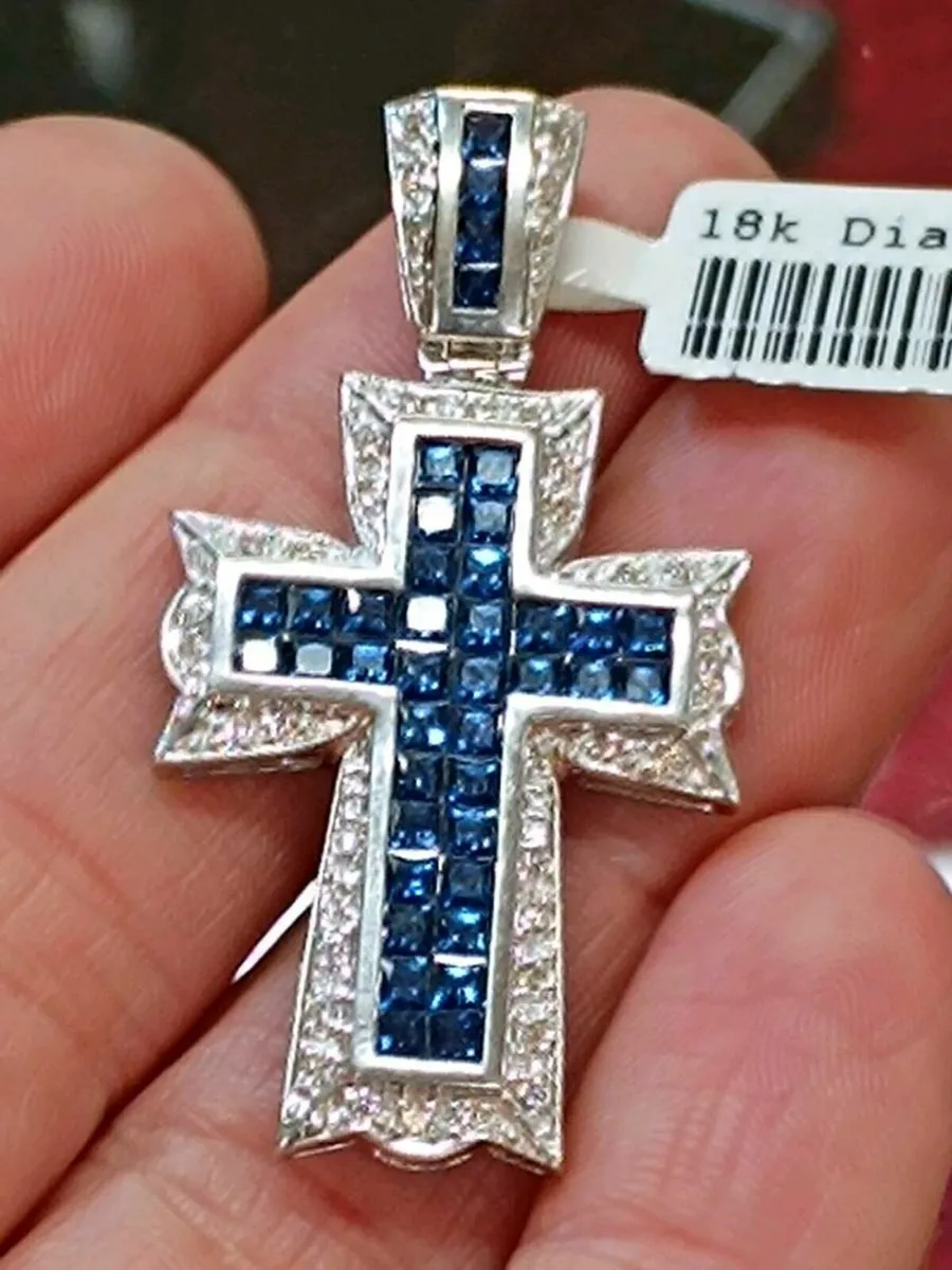 18k White Gold Sapphire & Diamond Cross Pendant - Image 4