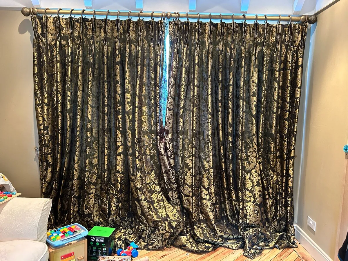Pair of large lined black & gold curtains - Image 1
